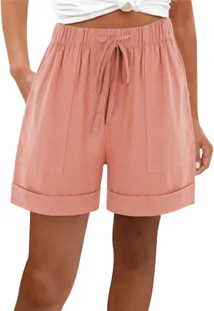 Womens Linen Shorts with Pockets High Waisted 2025 Summer Shorts Fashion Beach Cruise Shorts Soft Loungewear