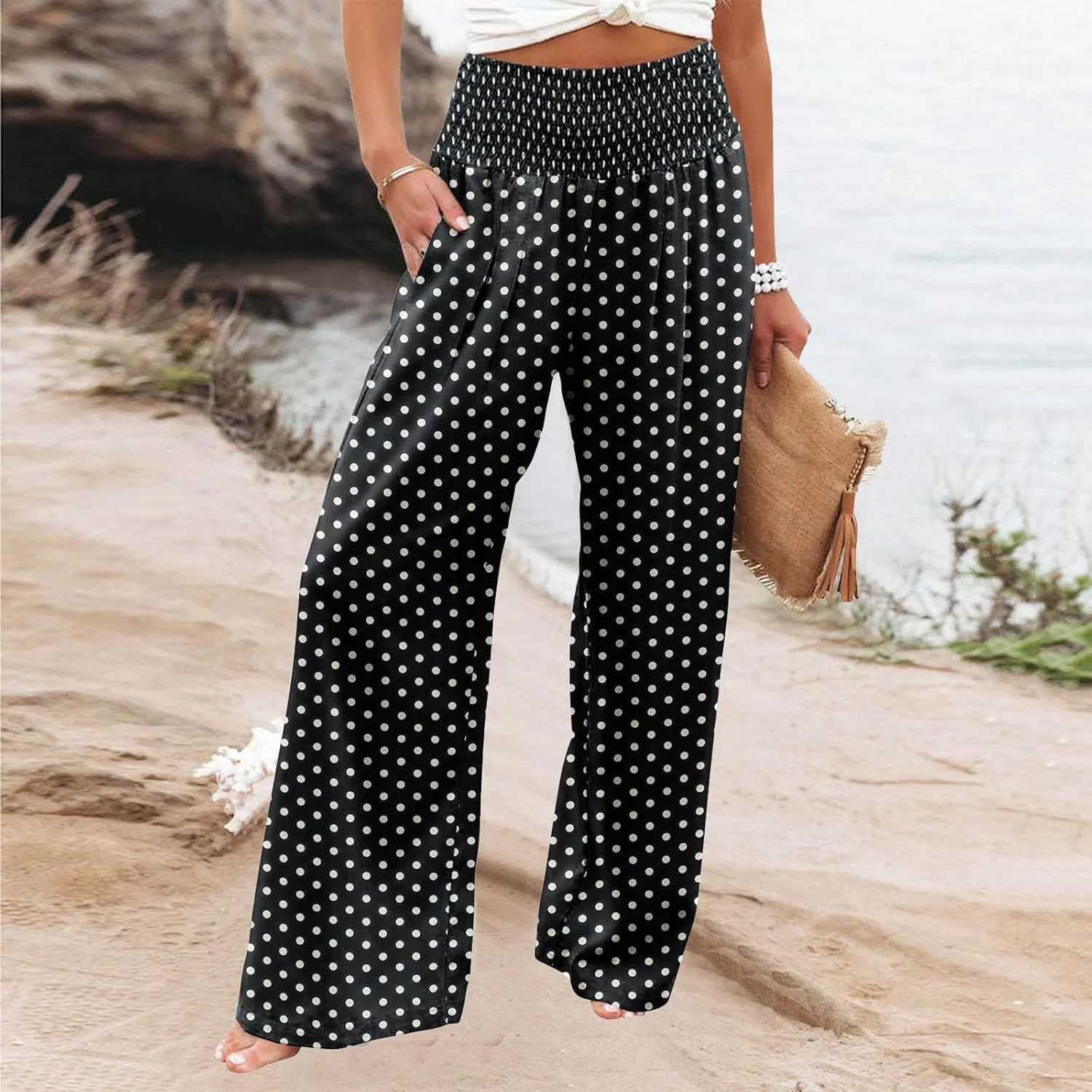 Womens Linen Summer Printed Palazzo Lounge Pants Elastic Waisted Straight Plus Size Palazzo Pants Vacation