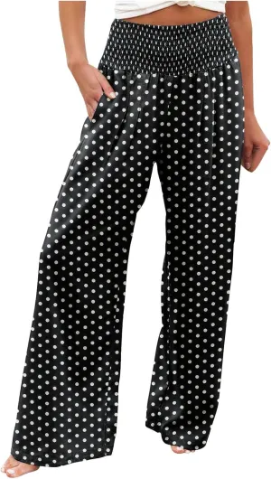 Womens Linen Summer Printed Palazzo Lounge Pants Elastic Waisted Straight Plus Size Palazzo Pants Vacation