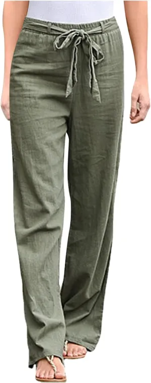 Womens Linen Summer Printed Pants Elastic Waist Stretchy Straight Loose Fit Pant Trousers Vacation