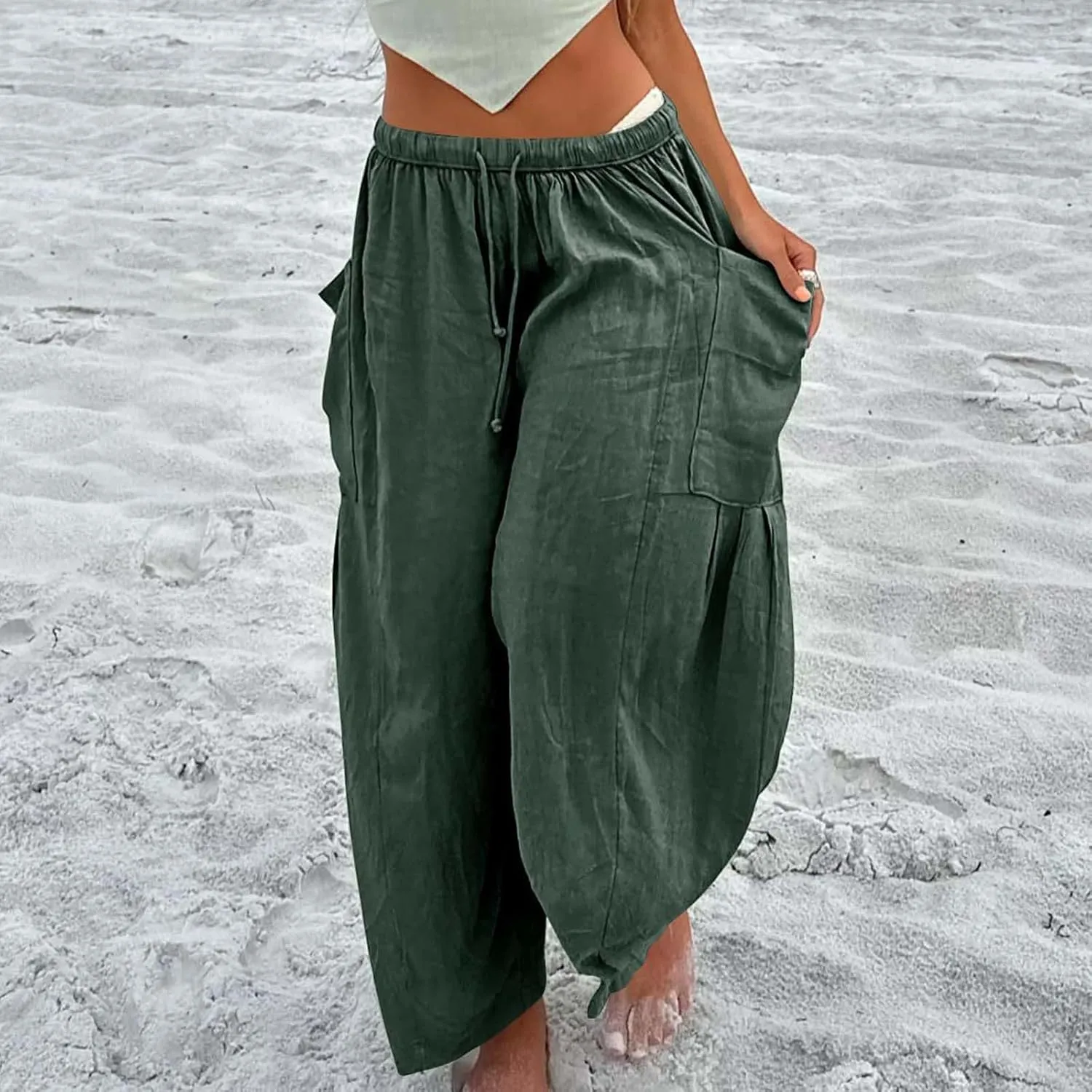 Women's Linen Wide Leg Pants Casual Loose Lightweight Beach Palazzo Pants Exercise Sweatpants Straight Pants with