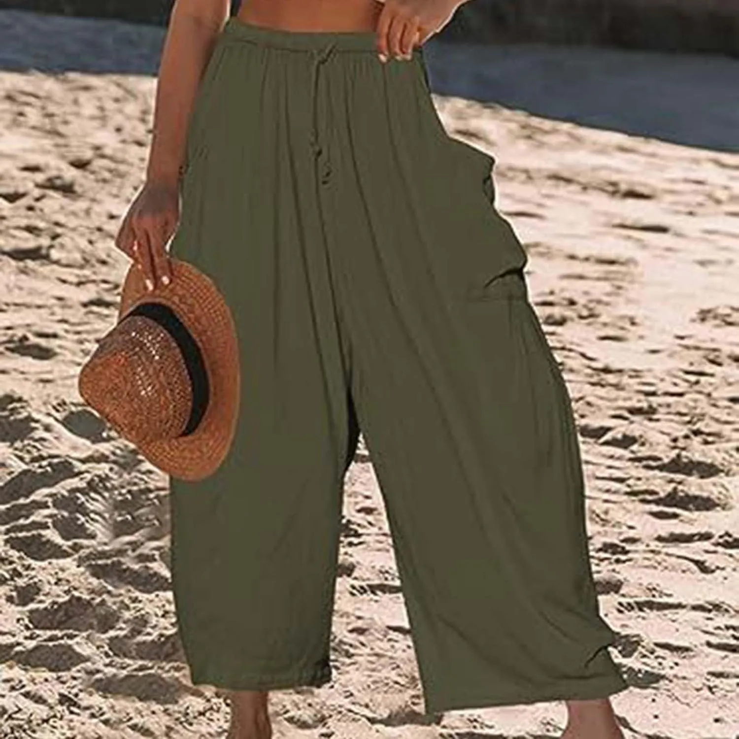 Women's Linen Wide Leg Pants Casual Loose Lightweight Beach Palazzo Pants Exercise Sweatpants Straight Pants with