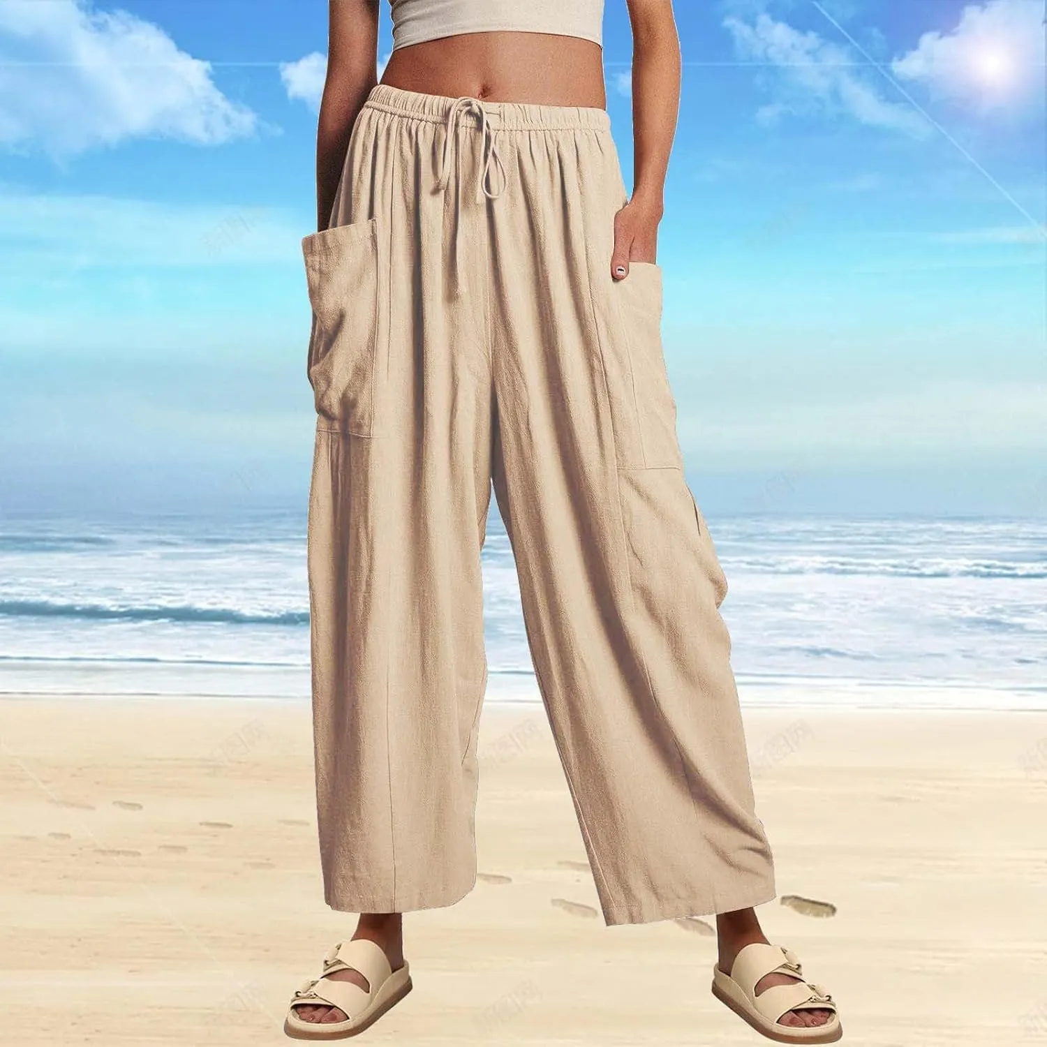 Women's Linen Wide Leg Pants Casual Loose Lightweight Beach Palazzo Pants Exercise Sweatpants Straight Pants with