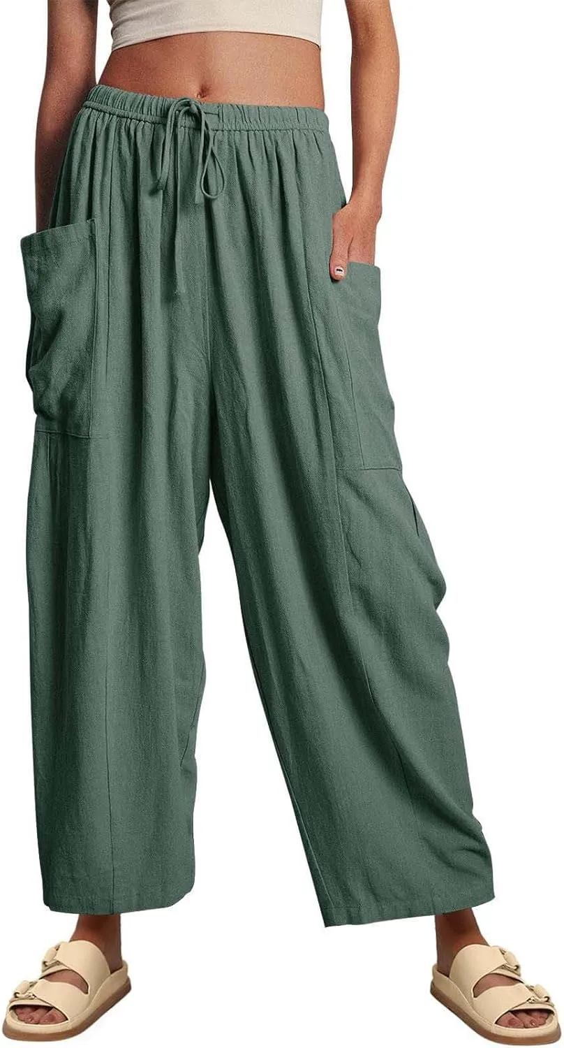Women's Linen Wide Leg Pants Casual Loose Lightweight Beach Palazzo Pants Exercise Sweatpants Straight Pants with