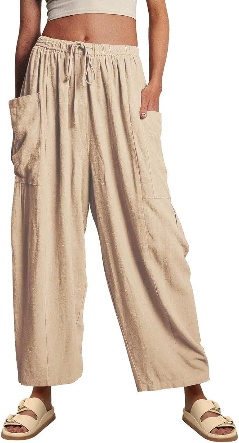 Women's Linen Wide Leg Pants Casual Loose Lightweight Beach Palazzo Pants Exercise Sweatpants Straight Pants with