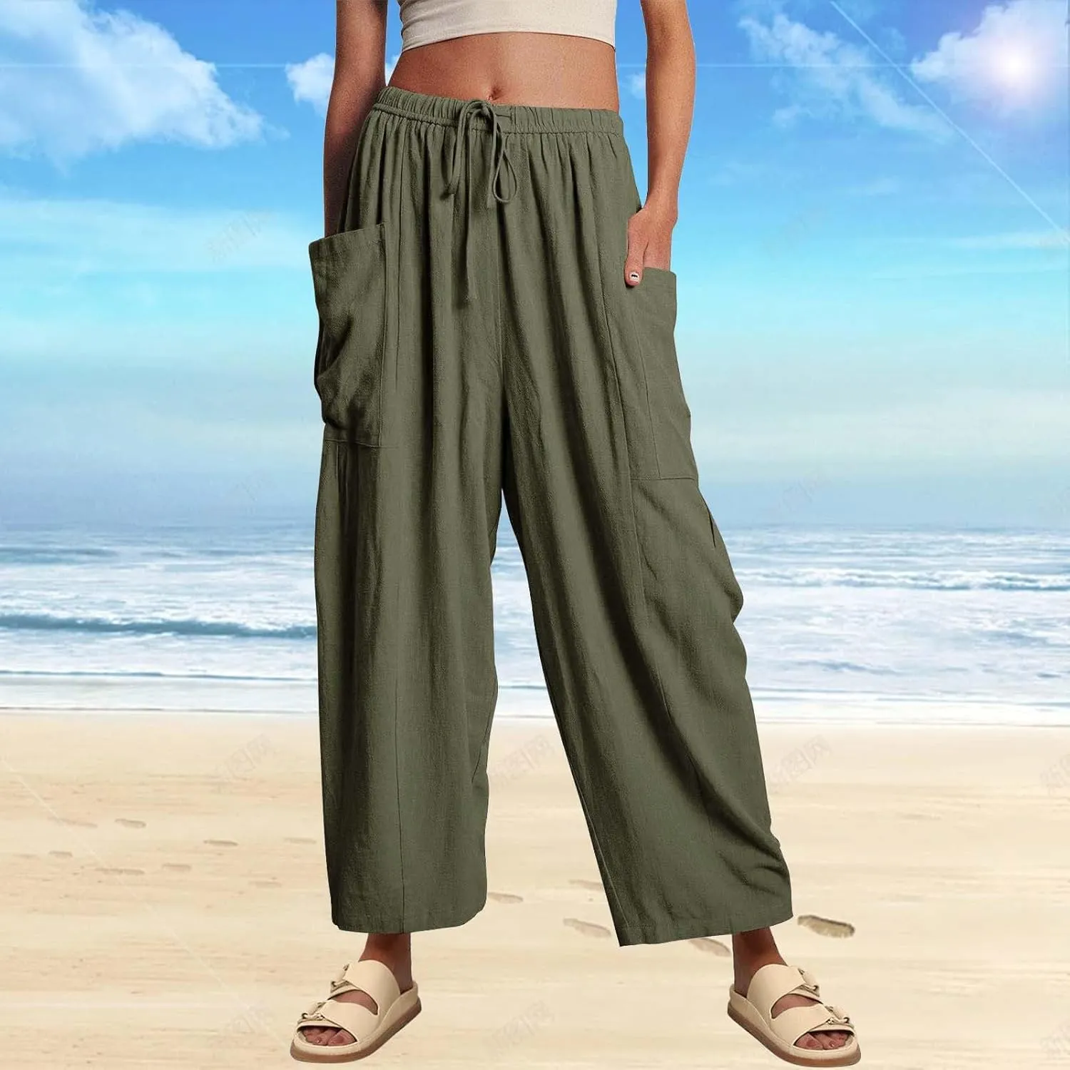 Women's Linen Wide Leg Pants Casual Loose Lightweight Beach Palazzo Pants Exercise Sweatpants Straight Pants with
