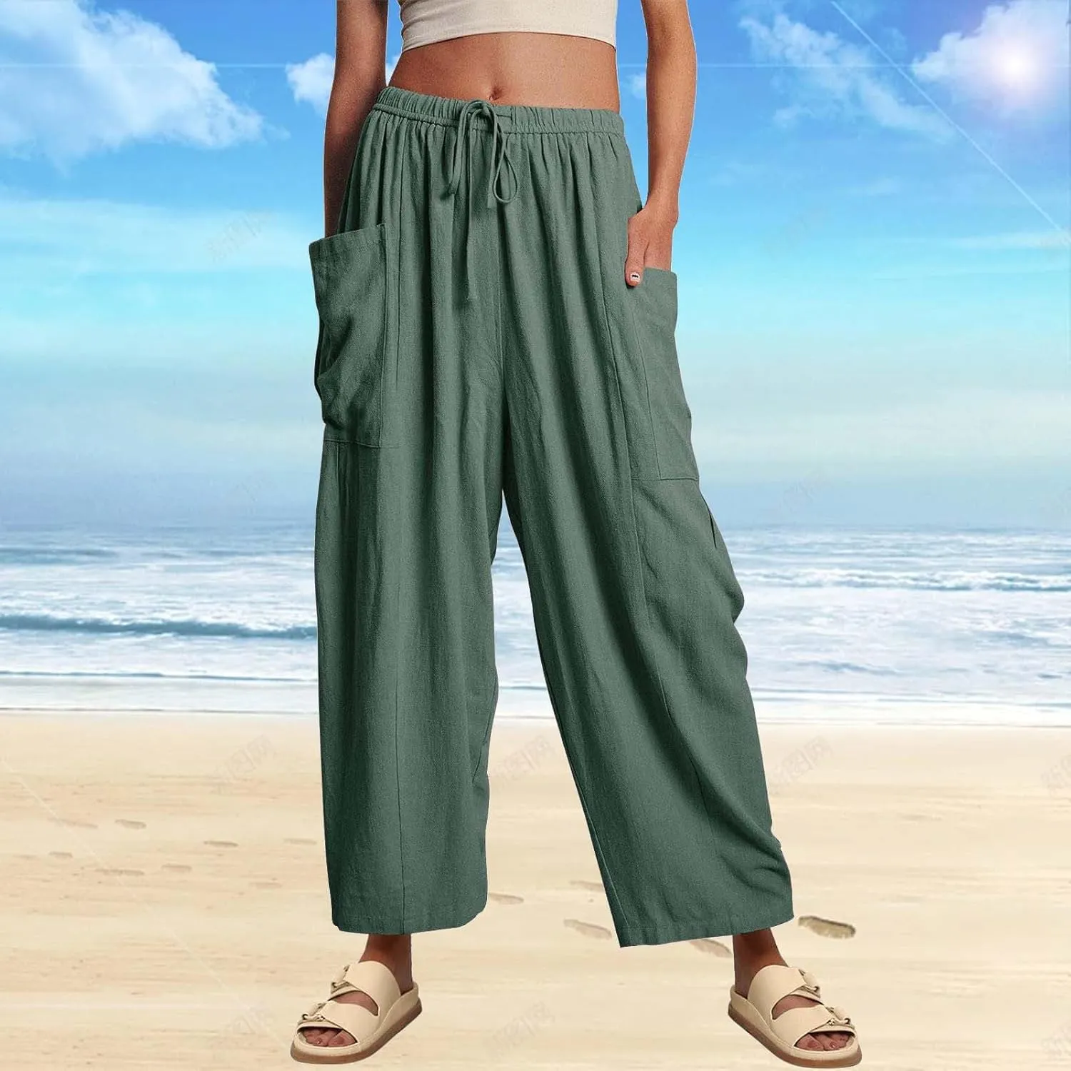 Women's Linen Wide Leg Pants Casual Loose Lightweight Beach Palazzo Pants Exercise Sweatpants Straight Pants with