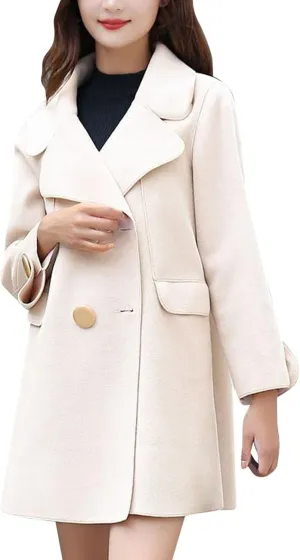 Women's Long Trenchcoat Windproof Classic Lapel Belted Winter Wool Blend Warm Coat Overcoat with Pockets Beige