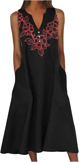 Women's Maxi Dress Fashion Printed Tank Dress Button V-Neck Sleeveless Dress Summer Boho Printed Long Dress