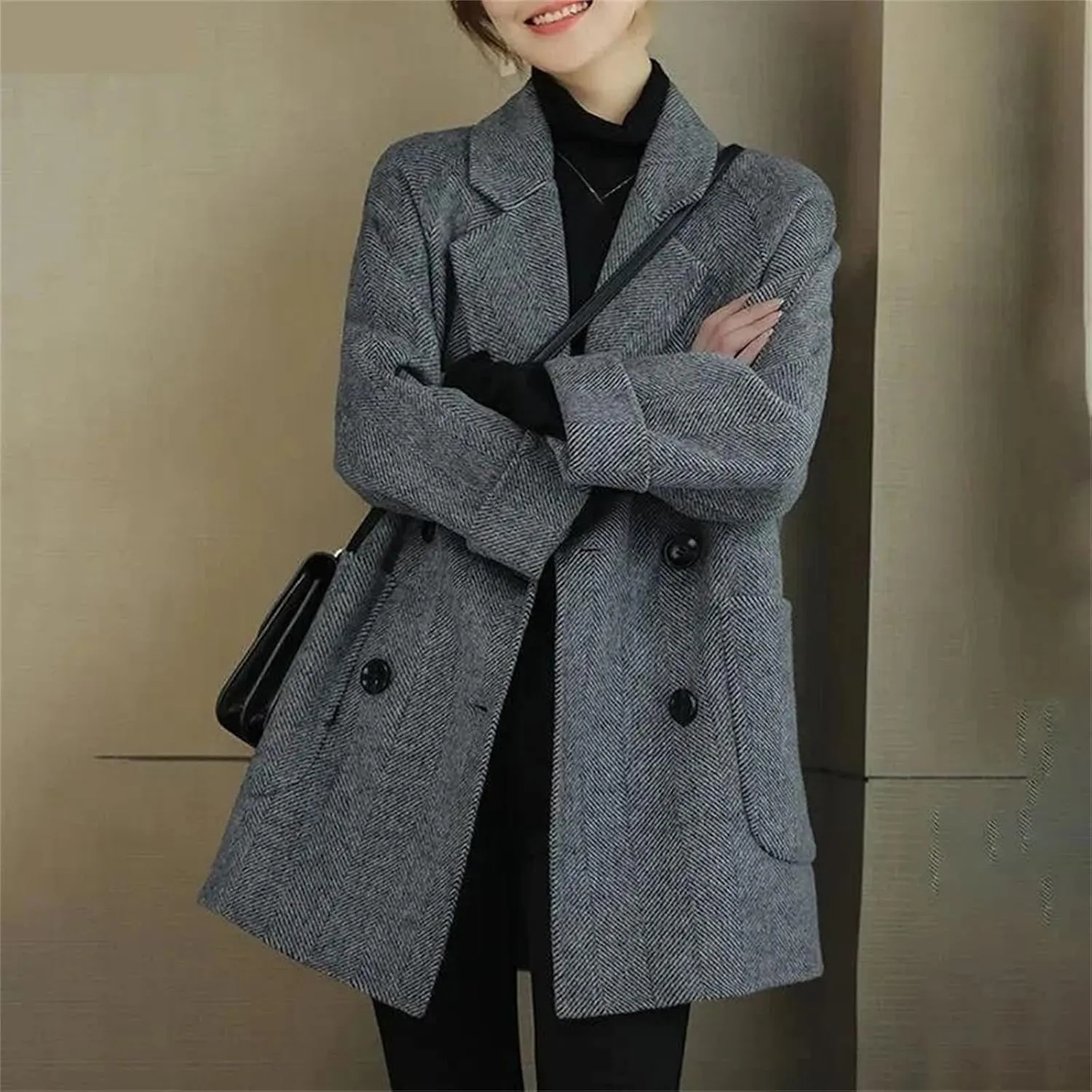 Women's Mid-Length Woolen Coat - Work Office Pea Coats Winter Loose Warm Thicken Wool Blend Female Outerwear