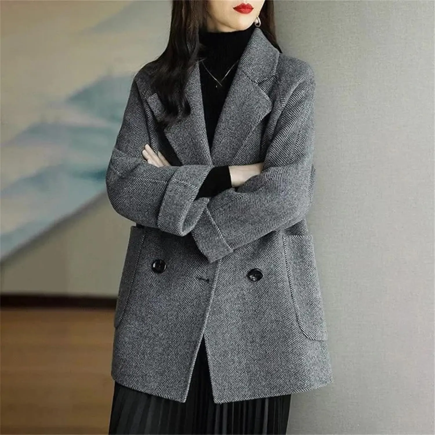 Women's Mid-Length Woolen Coat - Work Office Pea Coats Winter Loose Warm Thicken Wool Blend Female Outerwear