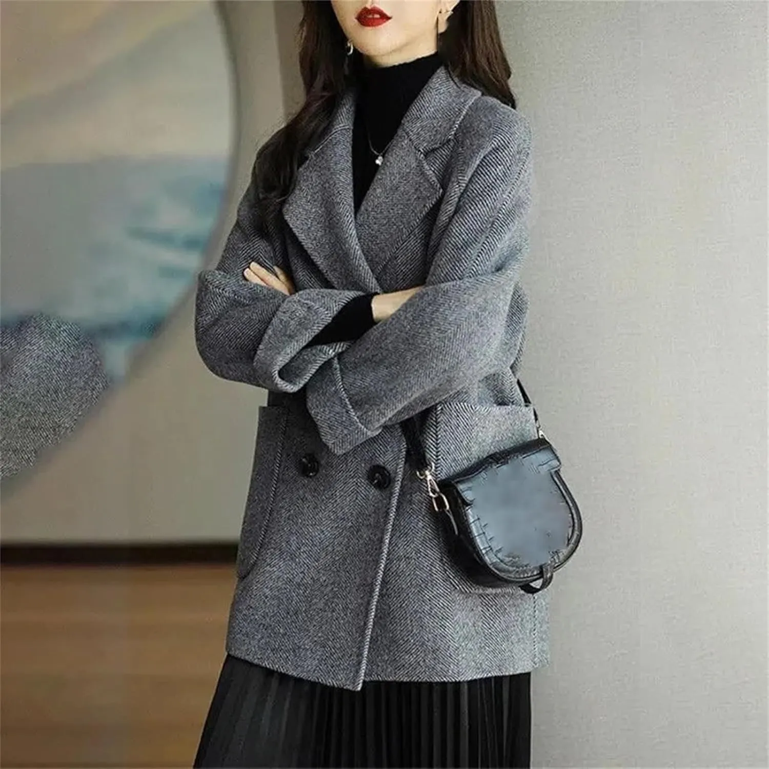 Women's Mid-Length Woolen Coat - Work Office Pea Coats Winter Loose Warm Thicken Wool Blend Female Outerwear
