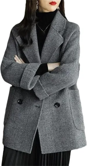 Women's Mid-Length Woolen Coat - Work Office Pea Coats Winter Loose Warm Thicken Wool Blend Female Outerwear