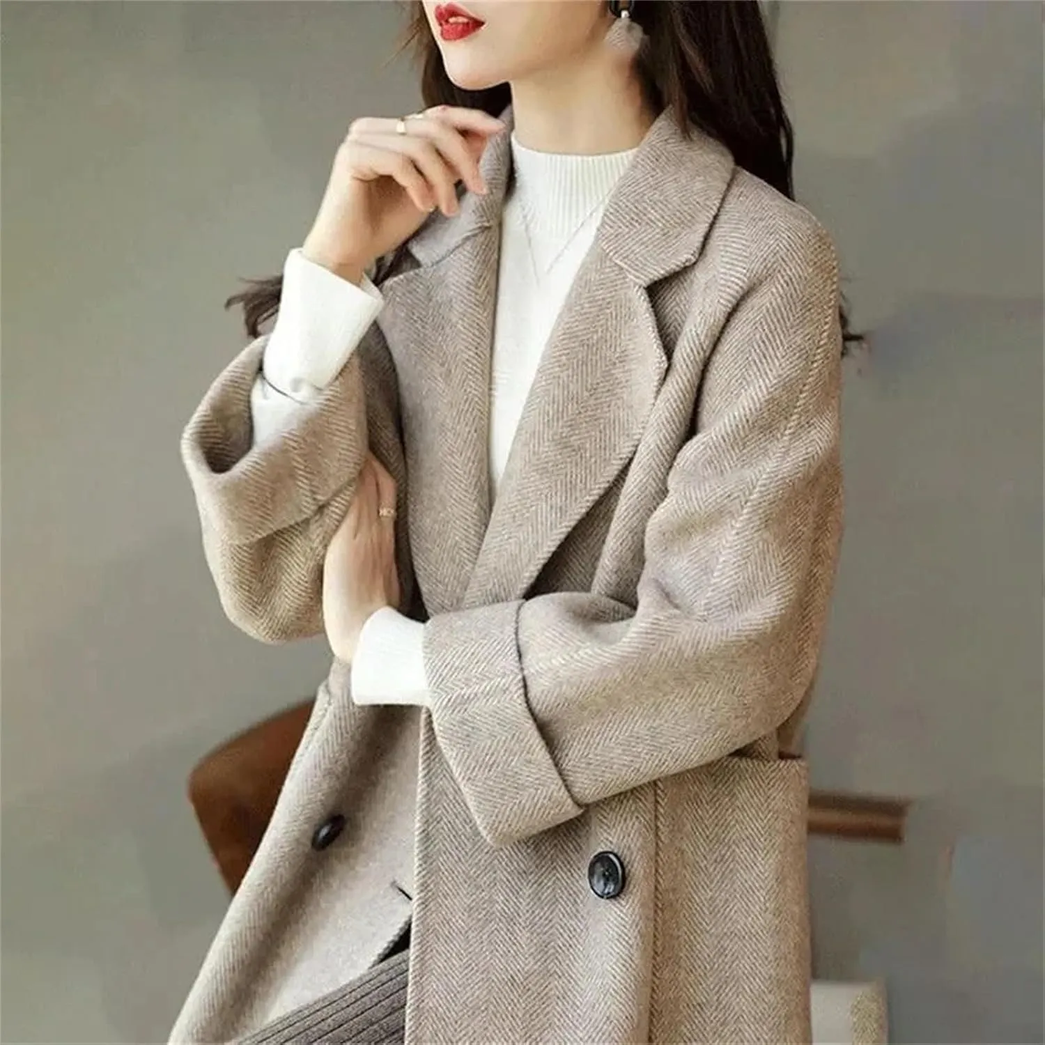 Women's Mid-Length Woolen Coat - Work Office Pea Coats Winter Loose Warm Thicken Wool Blend Female Outerwear