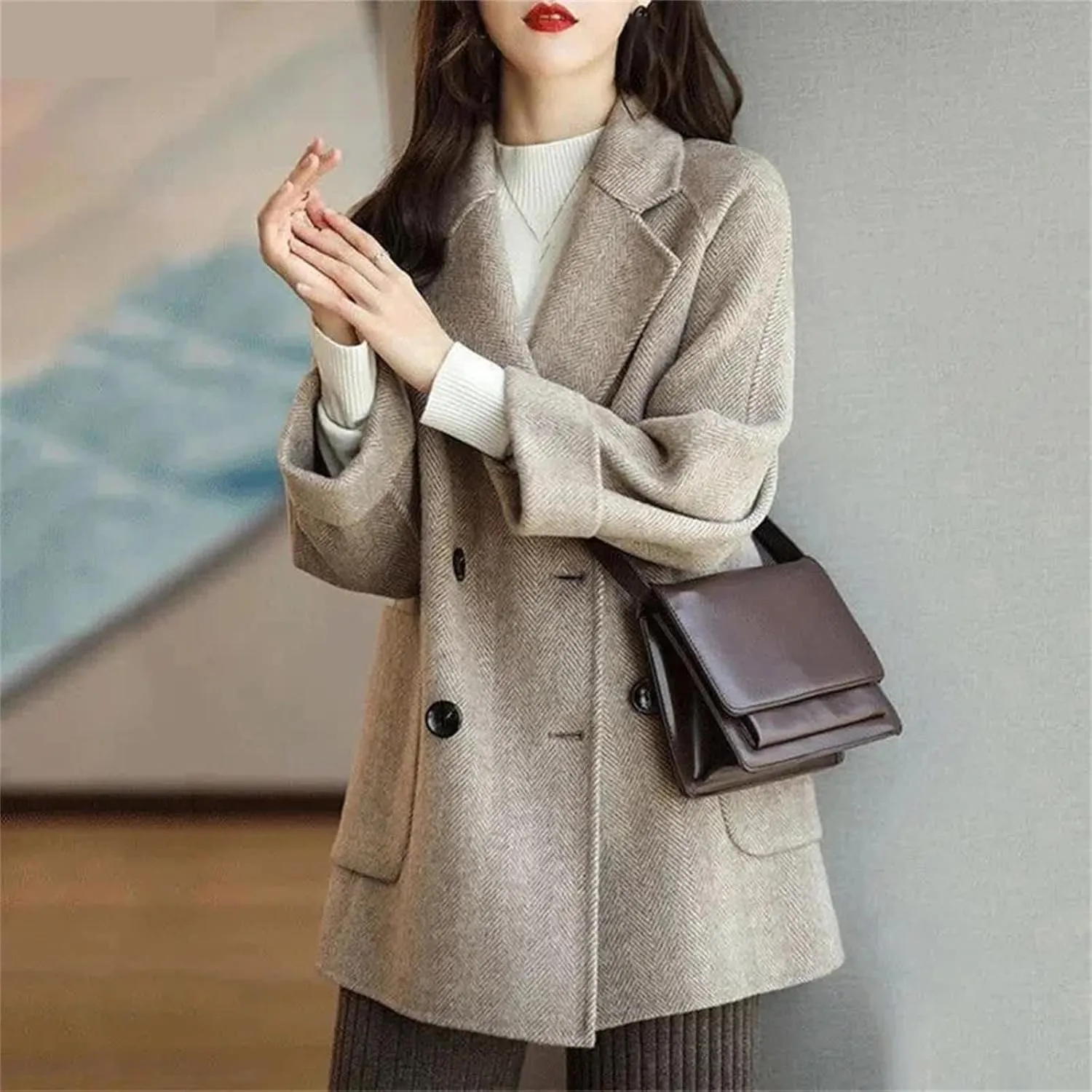 Women's Mid-Length Woolen Coat - Work Office Pea Coats Winter Loose Warm Thicken Wool Blend Female Outerwear