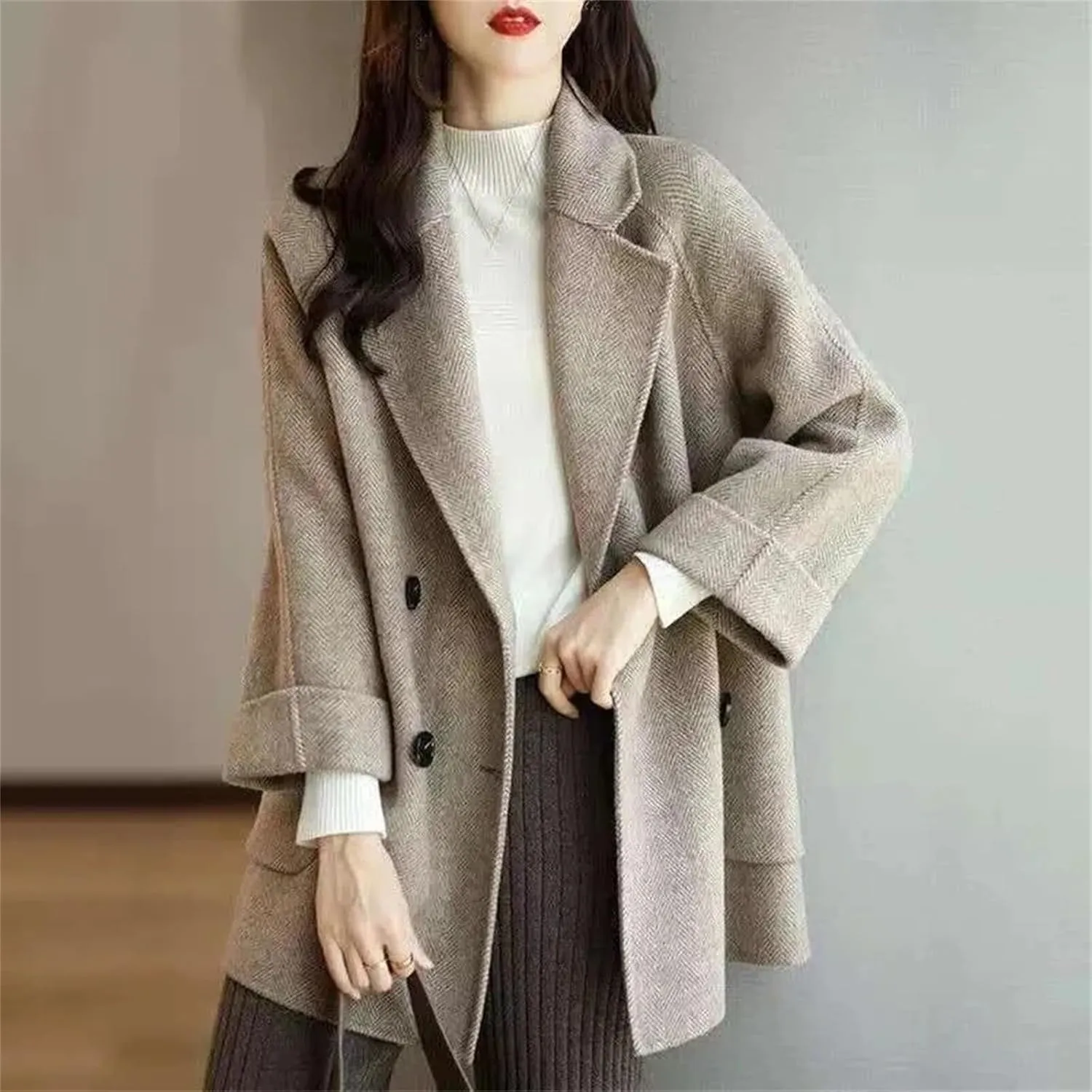 Women's Mid-Length Woolen Coat - Work Office Pea Coats Winter Loose Warm Thicken Wool Blend Female Outerwear