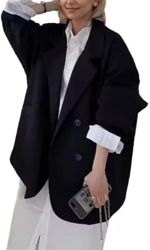 Womens Padded Boyfriend Blazer Dressy Casual Oversized Notch Lapel Drop Shoulder Long Suit Jacket Button Outwear with Pockets