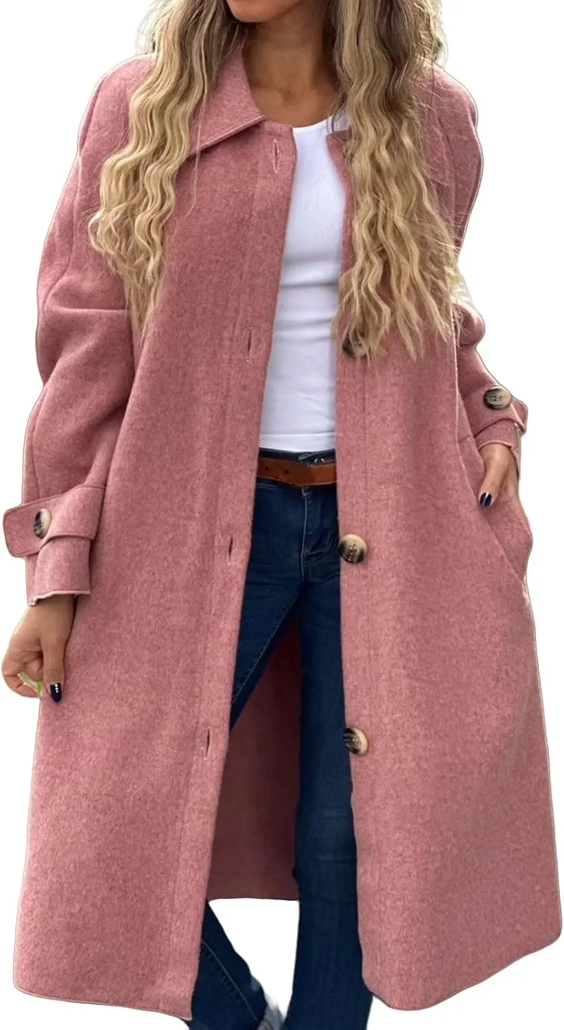 Womens Pea Coat Wool Blend Long Trench Coat Single Breasted Lapel Collar Peacoat Fall Winter Elegant Outerwear