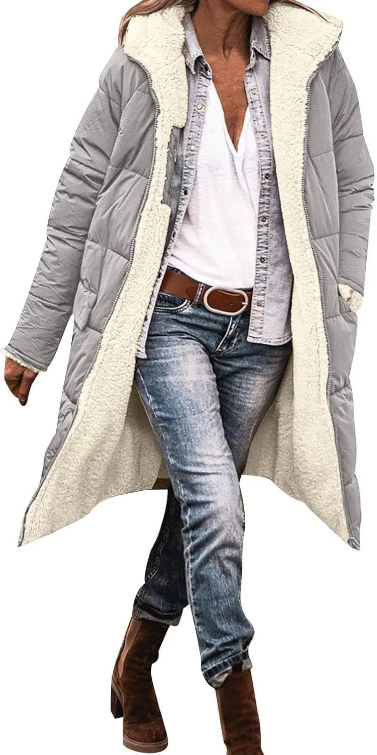 Womens Puffer Coat Casual Fleece Jacket Fashion Full Zip Long Sleeve Hooded Down Jackets Winter Loose Fit Windbreaker