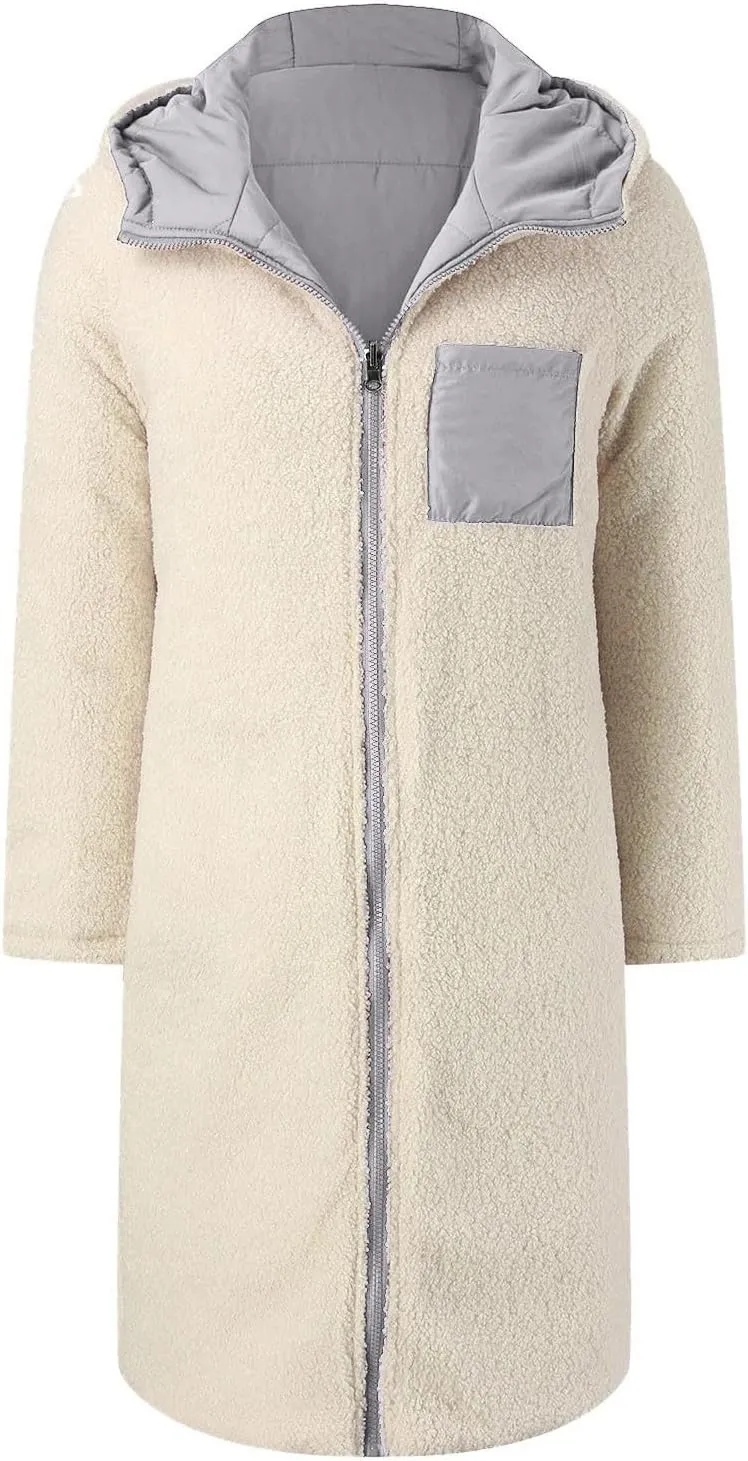 Womens Puffer Coat Casual Fleece Jacket Fashion Full Zip Long Sleeve Hooded Down Jackets Winter Loose Fit Windbreaker
