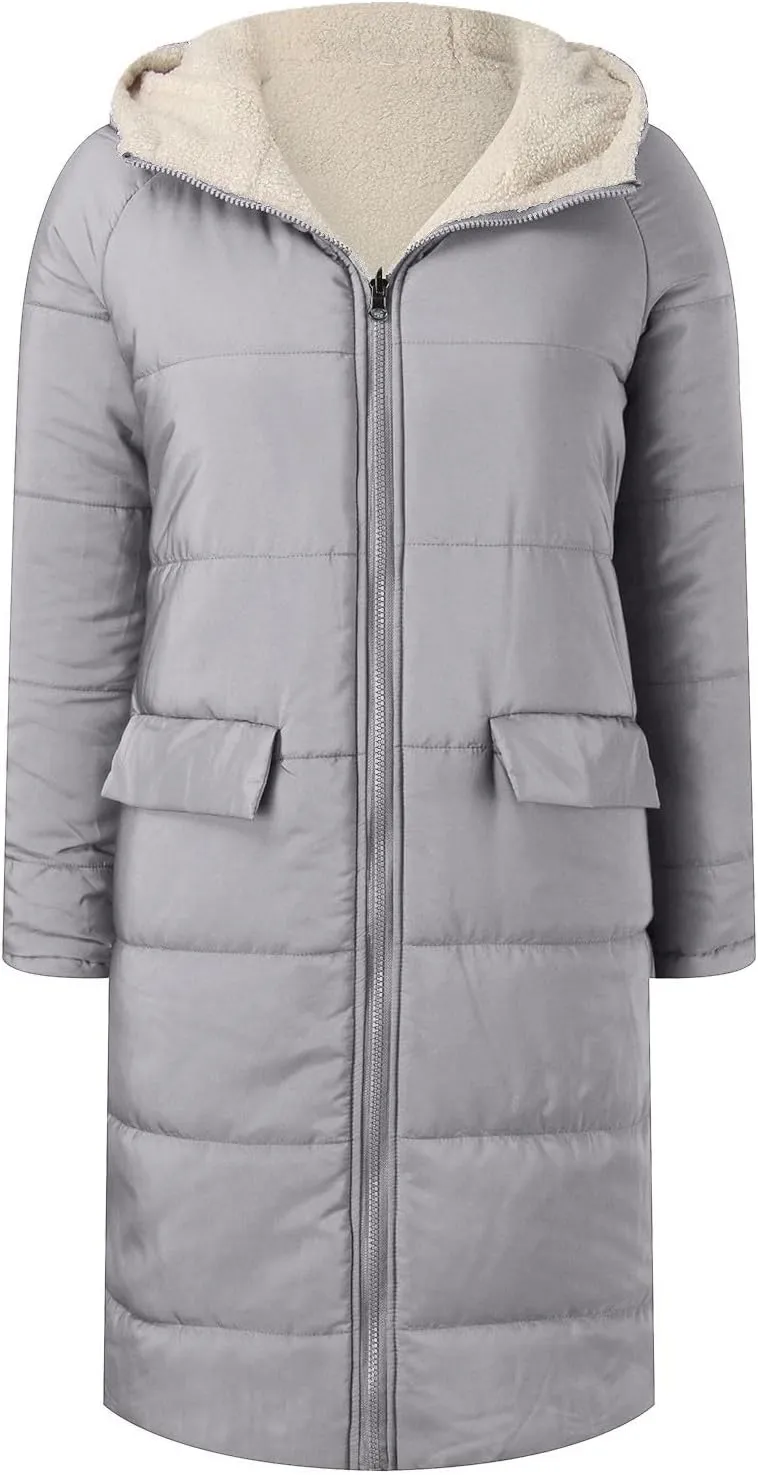 Womens Puffer Coat Casual Fleece Jacket Fashion Full Zip Long Sleeve Hooded Down Jackets Winter Loose Fit Windbreaker