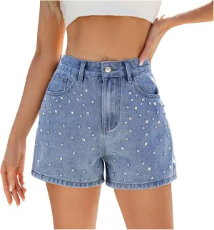 Women's Rhinestone Denim Shorts High Waisted Casual Beaded Jean Shorts Y2k Streetwear Summer Club Party Short Jeans