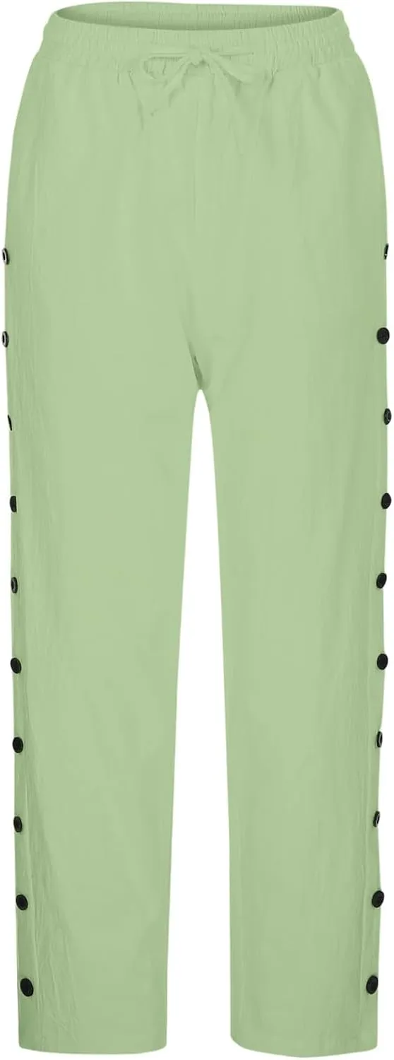 Women's Solid Color Elastic Waist Loose Side Button Decoration Versatile Nine Point Casual Pants