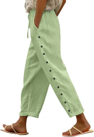 Women's Solid Color Elastic Waist Loose Side Button Decoration Versatile Nine Point Casual Pants