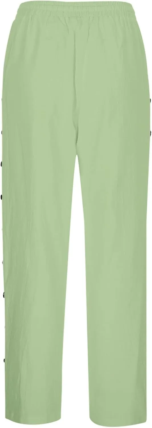 Women's Solid Color Elastic Waist Loose Side Button Decoration Versatile Nine Point Casual Pants