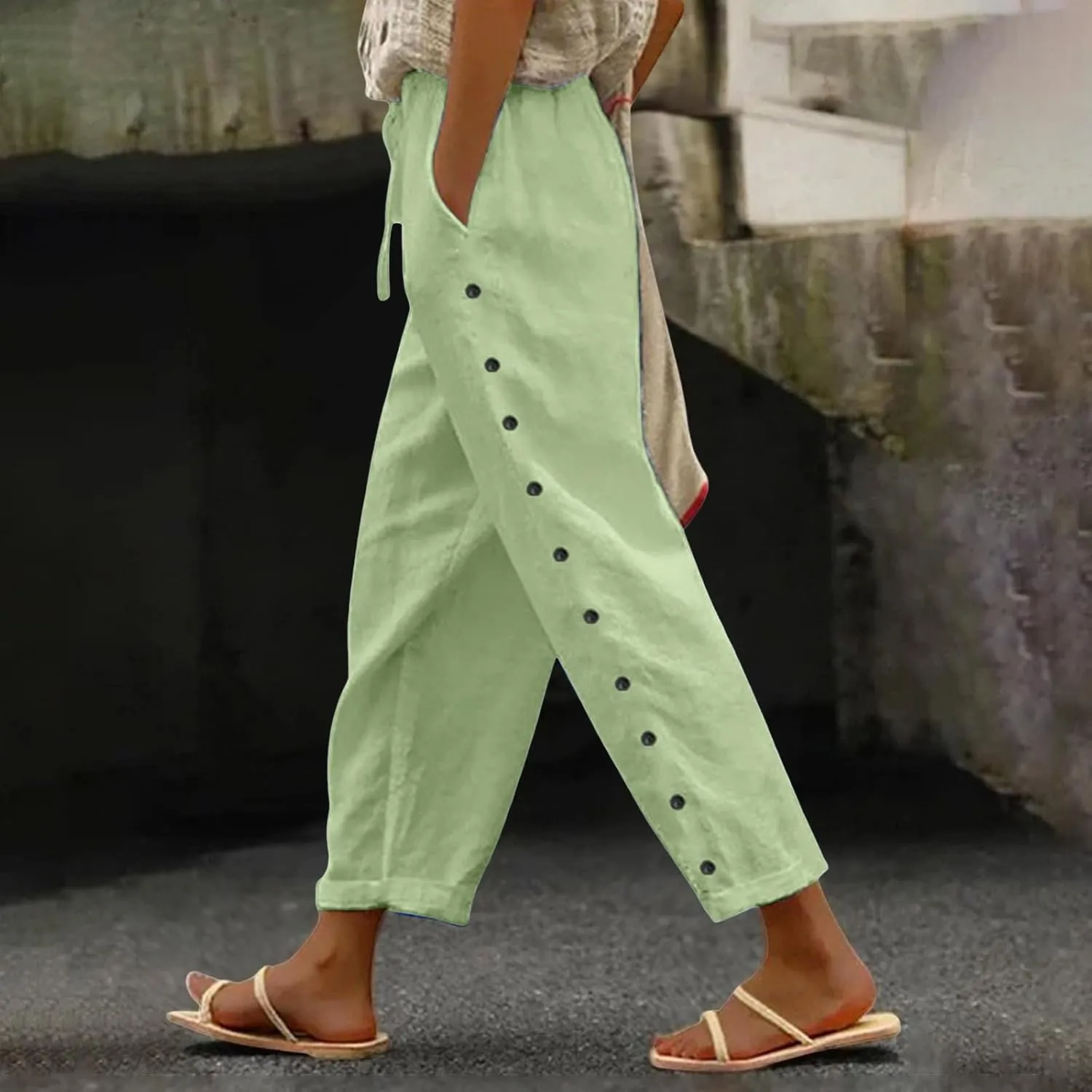 Women's Solid Color Elastic Waist Loose Side Button Decoration Versatile Nine Point Casual Pants