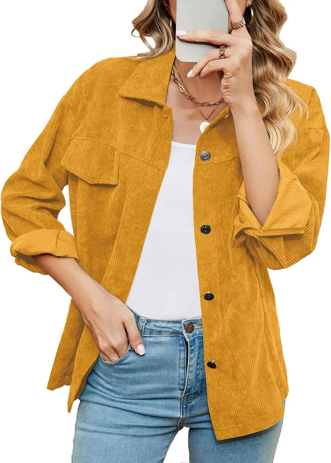 Women's Solid Corduroy Button Down Shacket Jackets Long Sleeve Casual Loose Fit Shirt Jacket 2023 Fashion Blouse Tops
