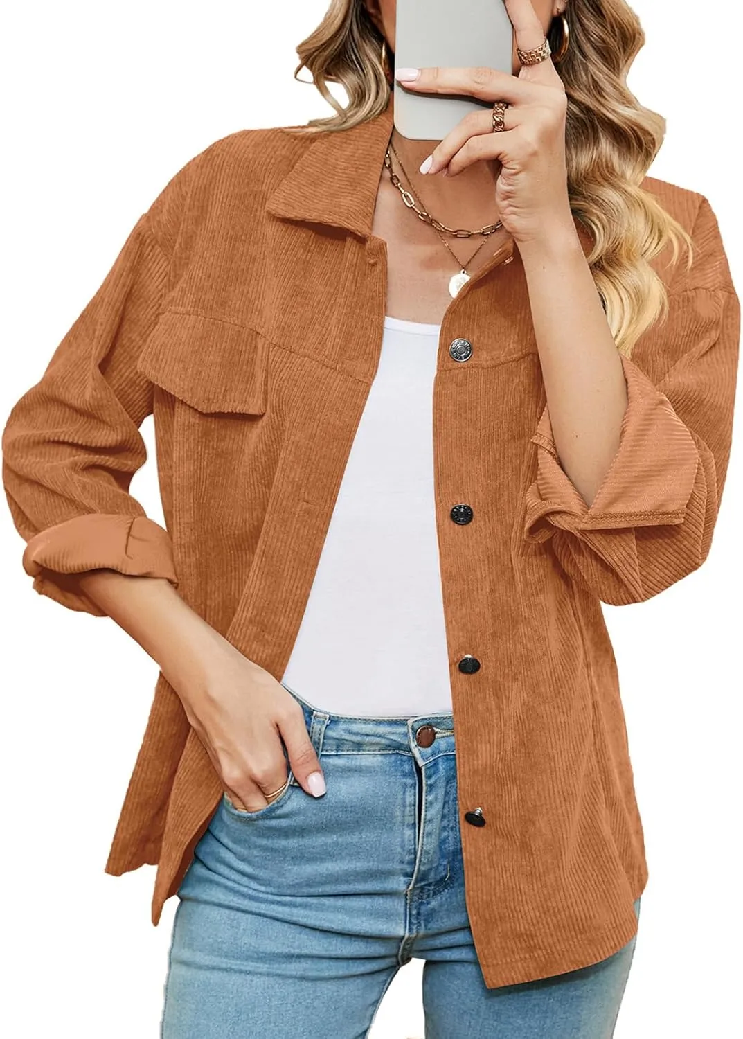 Women's Solid Corduroy Button Down Shacket Jackets Long Sleeve Casual Loose Fit Shirt Jacket 2023 Fashion Blouse Tops