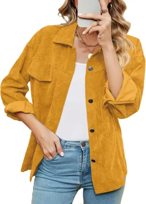 Women's Solid Corduroy Button Down Shacket Jackets Long Sleeve Casual Loose Fit Shirt Jacket 2023 Fashion Blouse Tops