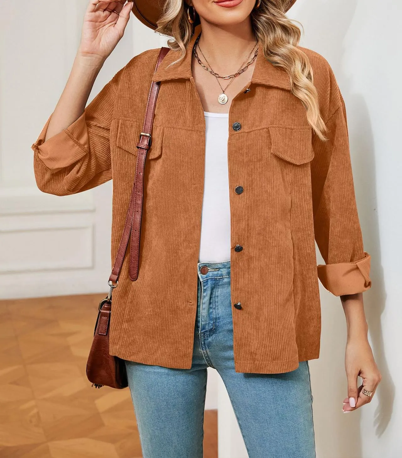Women's Solid Corduroy Button Down Shacket Jackets Long Sleeve Casual Loose Fit Shirt Jacket 2023 Fashion Blouse Tops