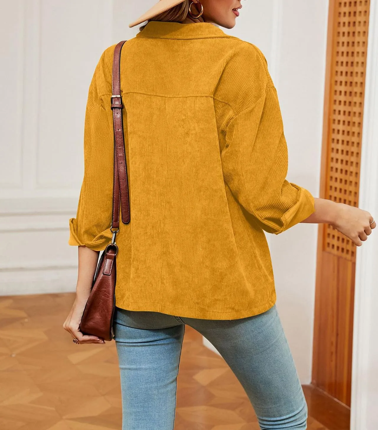 Women's Solid Corduroy Button Down Shacket Jackets Long Sleeve Casual Loose Fit Shirt Jacket 2023 Fashion Blouse Tops