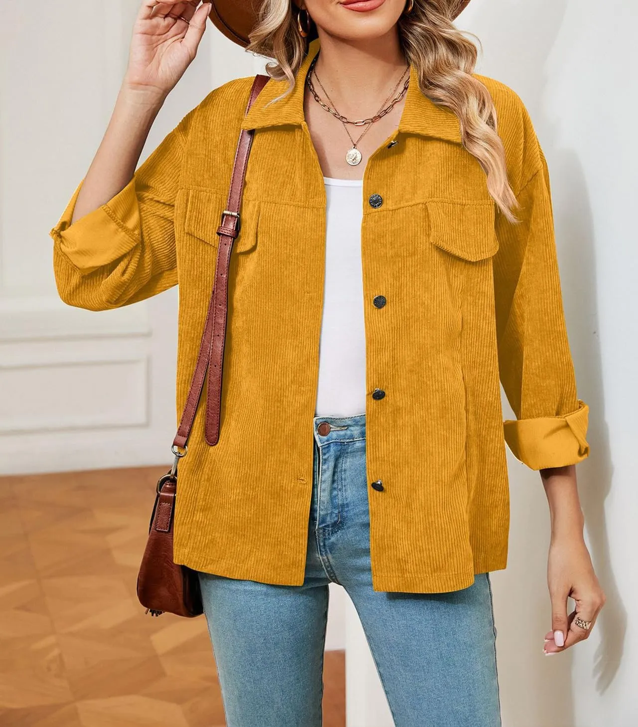 Women's Solid Corduroy Button Down Shacket Jackets Long Sleeve Casual Loose Fit Shirt Jacket 2023 Fashion Blouse Tops