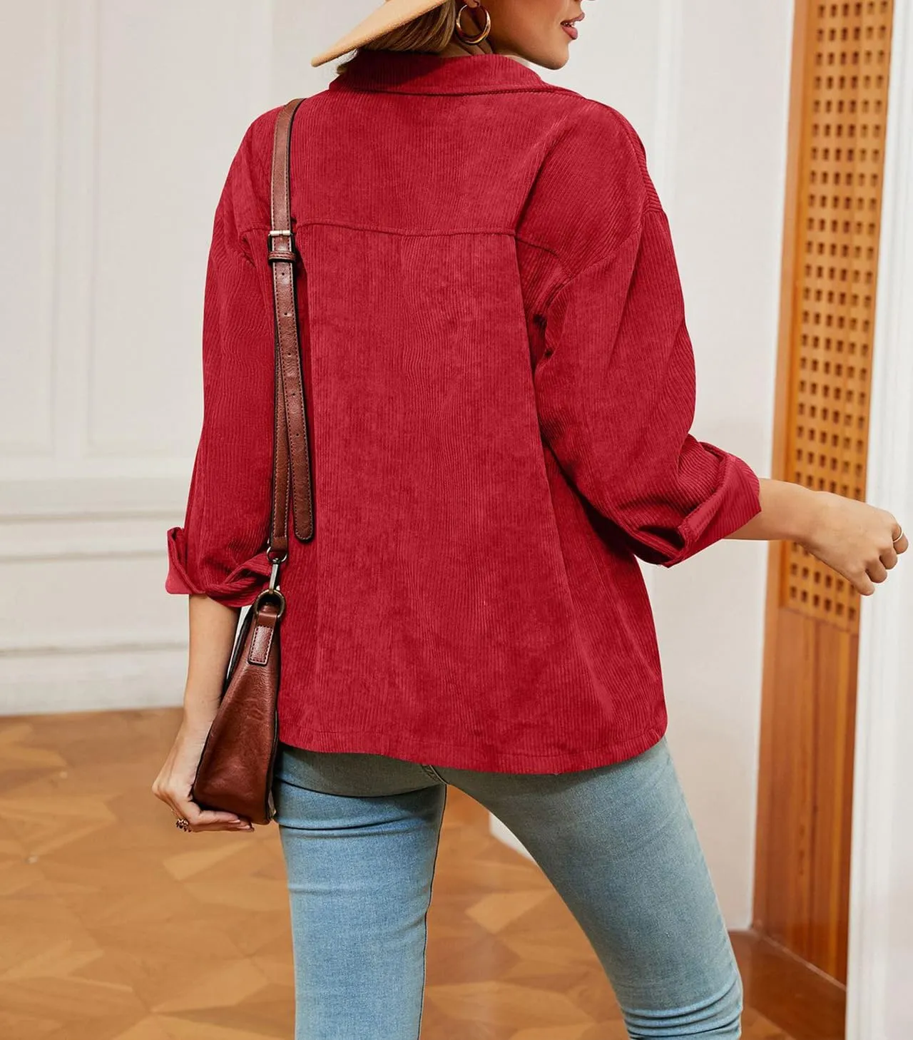 Women's Solid Corduroy Button Down Shacket Jackets Long Sleeve Casual Loose Fit Shirt Jacket 2023 Fashion Blouse Tops