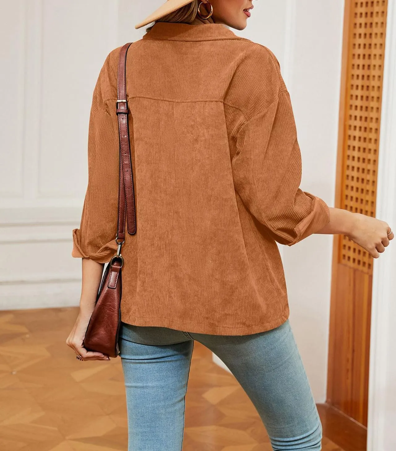 Women's Solid Corduroy Button Down Shacket Jackets Long Sleeve Casual Loose Fit Shirt Jacket 2023 Fashion Blouse Tops