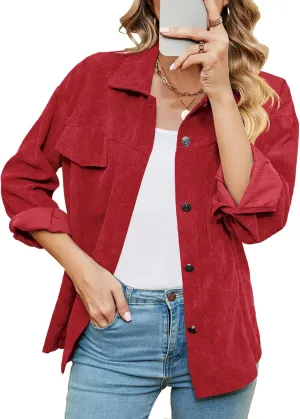 Women's Solid Corduroy Button Down Shacket Jackets Long Sleeve Casual Loose Fit Shirt Jacket 2023 Fashion Blouse Tops
