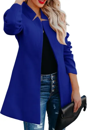 Women's Stand Collar Open Front Pea Coat Casual Long Wool Blend Blazer Trench Coats Overcoat Warm Outerwear