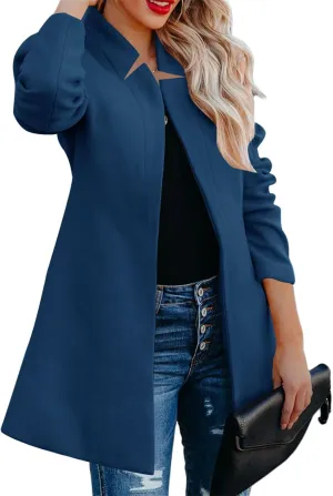Women's Stand Collar Open Front Pea Coat Casual Long Wool Blend Blazer Trench Coats Overcoat Warm Outerwear