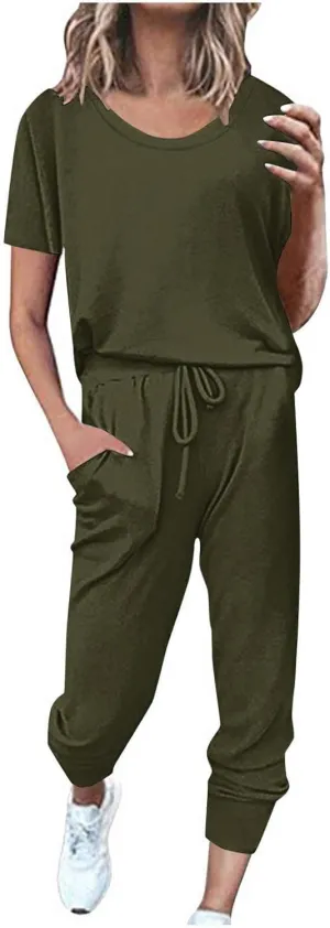 Women's Summer 2 Piece Outfits Tracksuits Casual Short Sleeve Workout Tops and High Waisted Jogger Sweatpants Sets