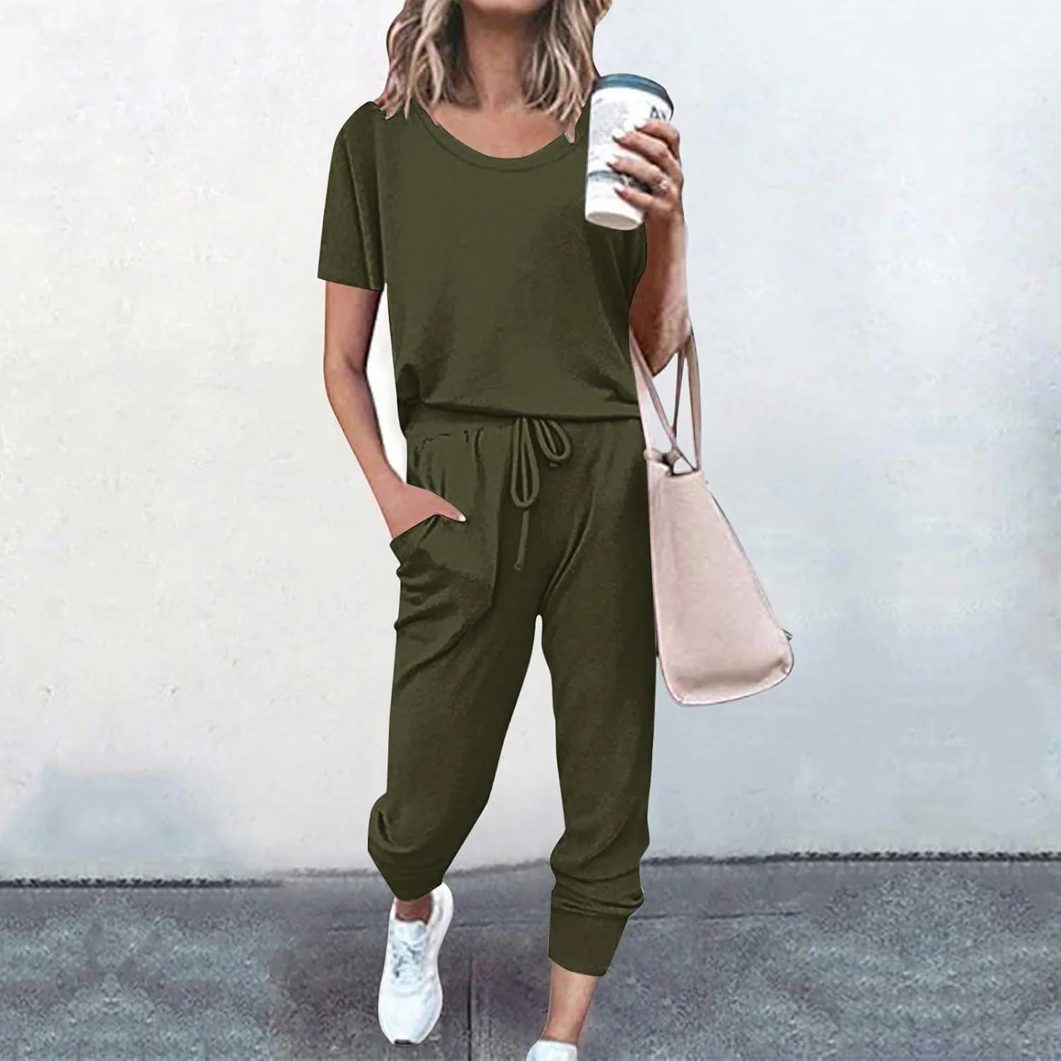 Women's Summer 2 Piece Outfits Tracksuits Casual Short Sleeve Workout Tops and High Waisted Jogger Sweatpants Sets