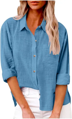 Women's Summer Cotton Linen Solid Lapel Button Down Shirt Fashion Long Sleeve Casual Work Office Blouse with Pocket