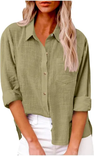 Women's Summer Cotton Linen Solid Lapel Button Down Shirt Fashion Long Sleeve Casual Work Office Blouse with Pocket