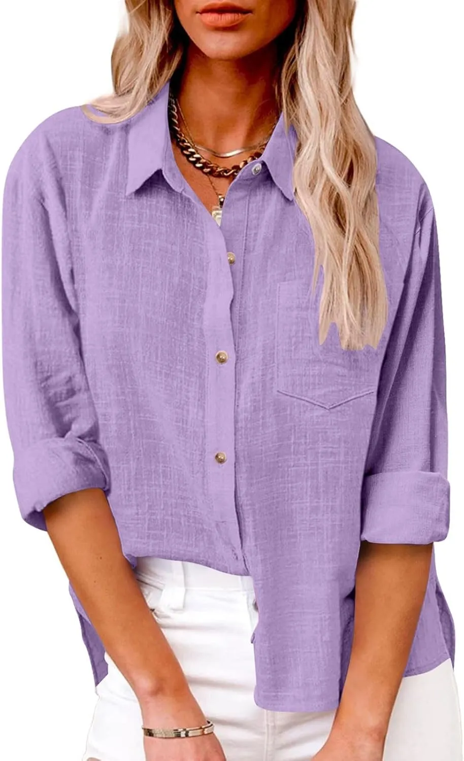 Women's Summer Cotton Linen Solid Lapel Button Down Shirt Fashion Long Sleeve Casual Work Office Blouse with Pocket