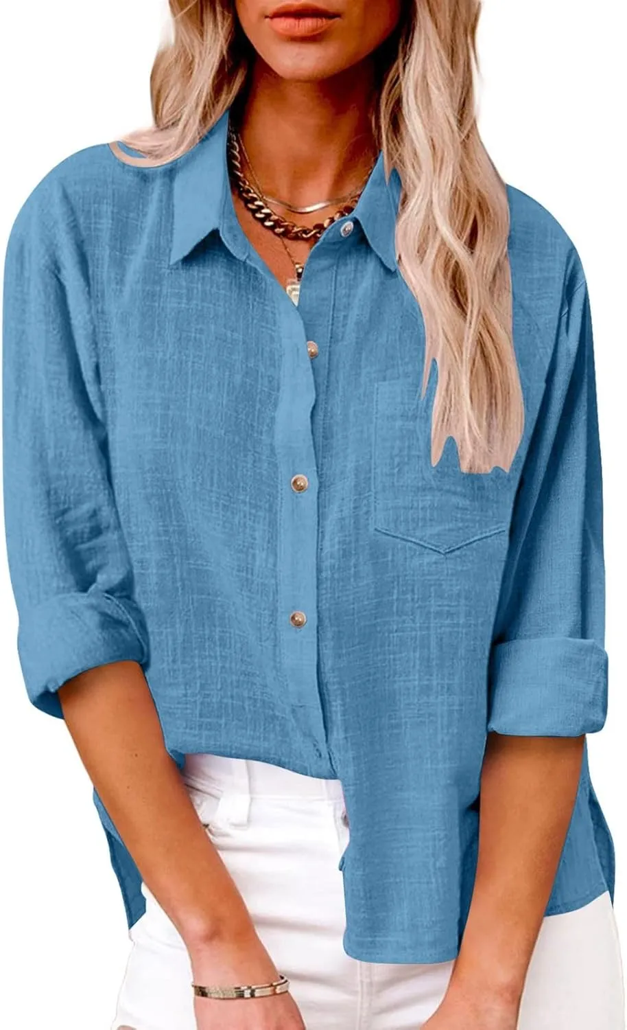 Women's Summer Cotton Linen Solid Lapel Button Down Shirt Fashion Long Sleeve Casual Work Office Blouse with Pocket