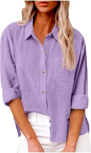 Women's Summer Cotton Linen Solid Lapel Button Down Shirt Fashion Long Sleeve Casual Work Office Blouse with Pocket
