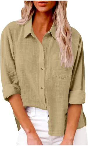 Women's Summer Cotton Linen Solid Lapel Button Down Shirt Fashion Long Sleeve Casual Work Office Blouse with Pocket