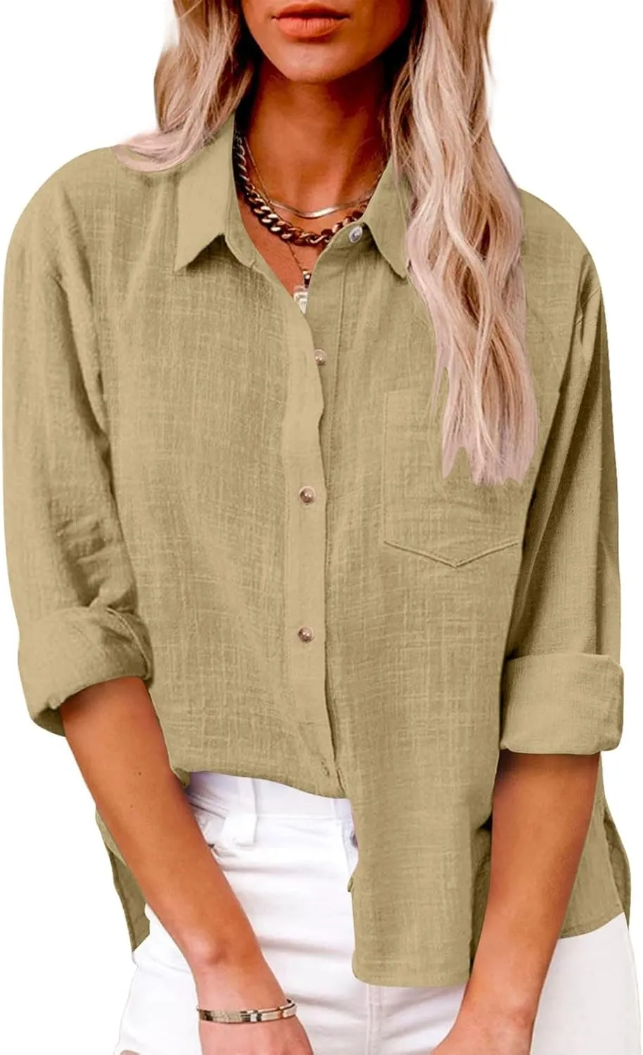 Women's Summer Cotton Linen Solid Lapel Button Down Shirt Fashion Long Sleeve Casual Work Office Blouse with Pocket